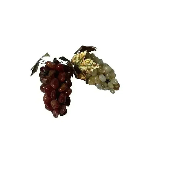 Set Of 2 Vintage Grape Bunch Polished Stones Agate And Quartz w/Copper Leaves - Picture 2 of 7